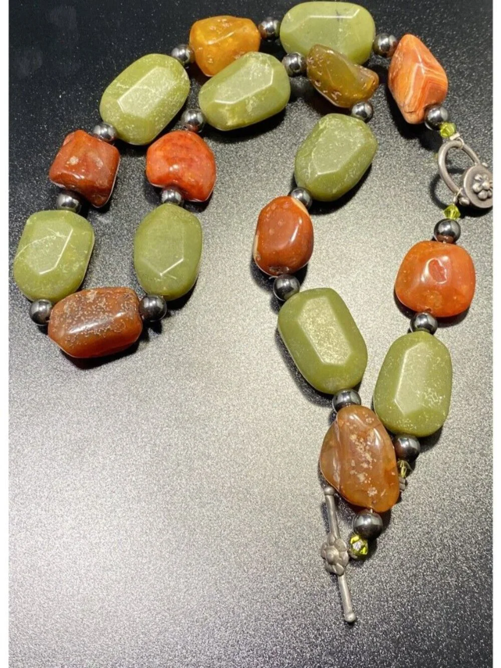 925 Multi Gemstone Toggle Necklace Floral Closure Agate Carnelian Beaded